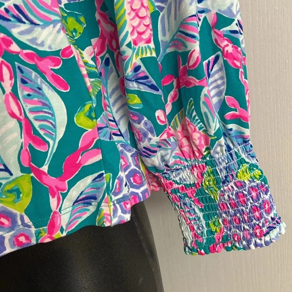 Lilly Pulitzer Lana Off-The-Shoulder Top Maldives Green Turtle Wave Size XLarge - Picture 8 of 15